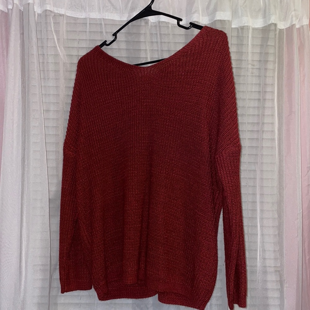 Red open back knit sweater